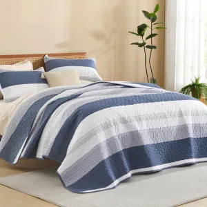 Litanika Quilt Queen Size Mineral Blue, Stripe Patchwork Summer Bedspread Coverlet 3 Pieces, Soft Lightweight Microfiber Quilted Bedding Set for All Season(1 Quilt, 2 Pillowcases)