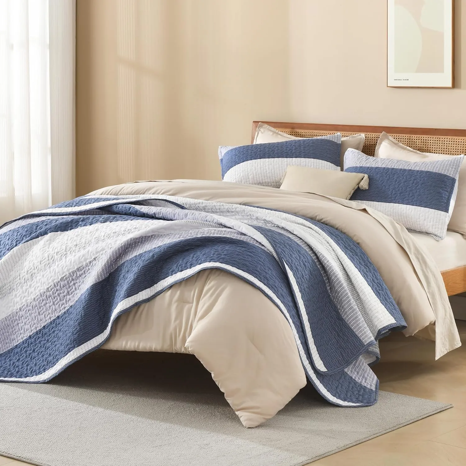 Litanika Quilt Queen Size Mineral Blue, Stripe Patchwork Summer Bedspread Coverlet 3 Pieces, Soft Lightweight Microfiber Quilted Bedding Set for All Season(1 Quilt, 2 Pillowcases)
