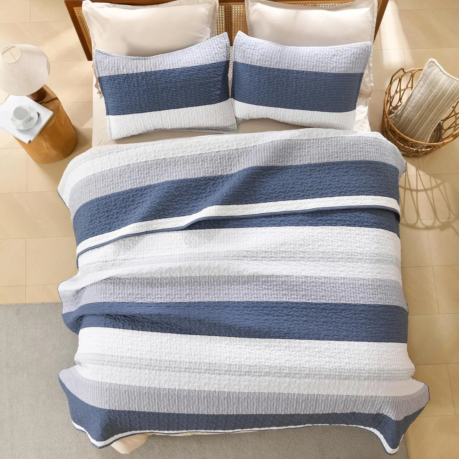 Litanika Quilt Queen Size Mineral Blue, Stripe Patchwork Summer Bedspread Coverlet 3 Pieces, Soft Lightweight Microfiber Quilted Bedding Set for All Season(1 Quilt, 2 Pillowcases)