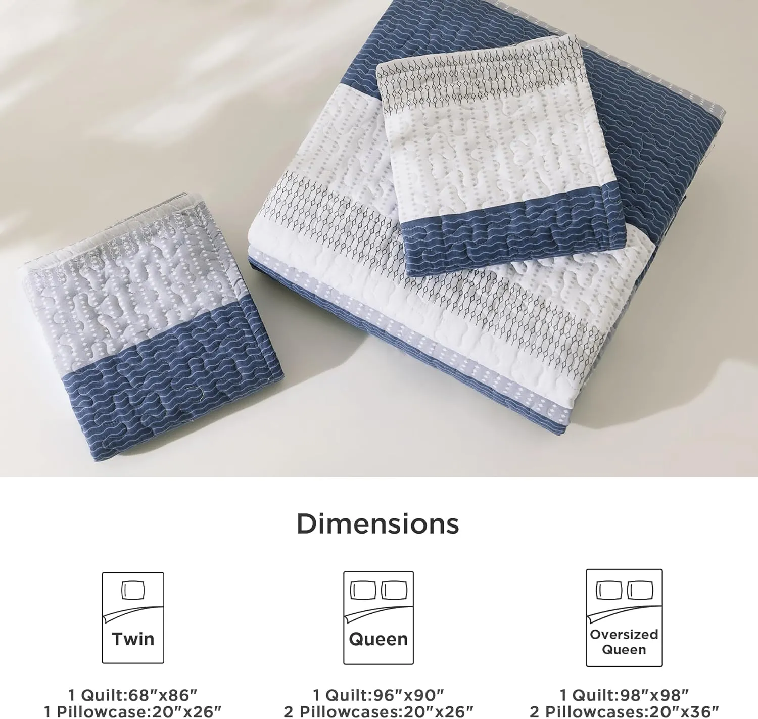 Litanika Quilt Queen Size Mineral Blue, Stripe Patchwork Summer Bedspread Coverlet 3 Pieces, Soft Lightweight Microfiber Quilted Bedding Set for All Season(1 Quilt, 2 Pillowcases)