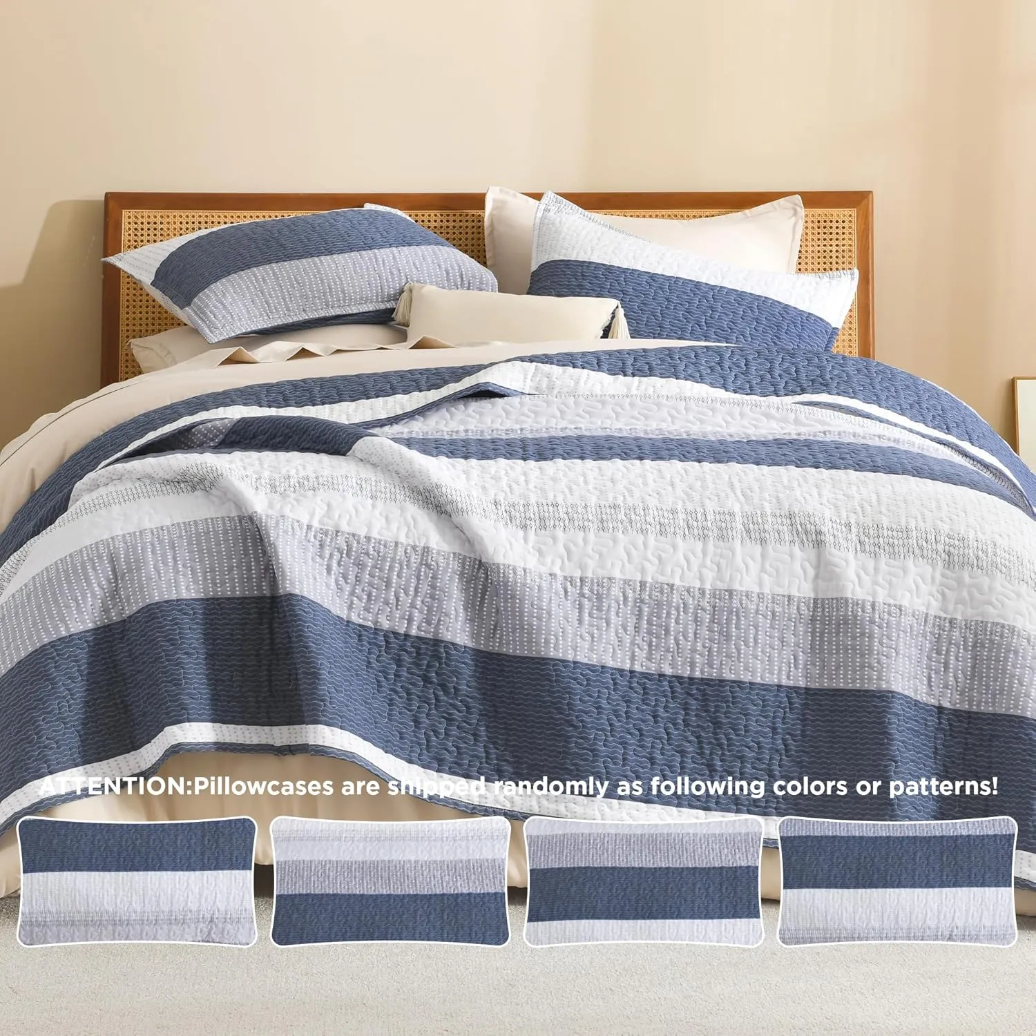 Litanika Quilt Queen Size Mineral Blue, Stripe Patchwork Summer Bedspread Coverlet 3 Pieces, Soft Lightweight Microfiber Quilted Bedding Set for All Season(1 Quilt, 2 Pillowcases)