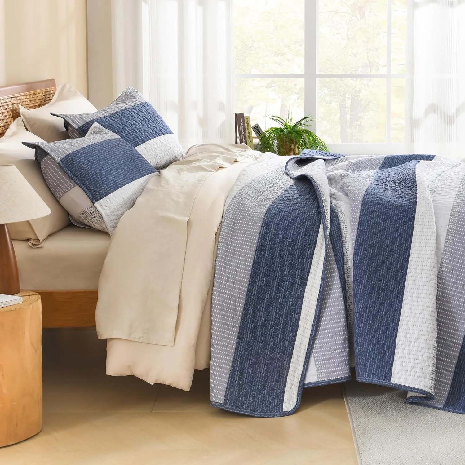 Litanika Quilt Queen Size Mineral Blue, Stripe Patchwork Summer Bedspread Coverlet 3 Pieces, Soft Lightweight Microfiber Quilted Bedding Set for All Season(1 Quilt, 2 Pillowcases)