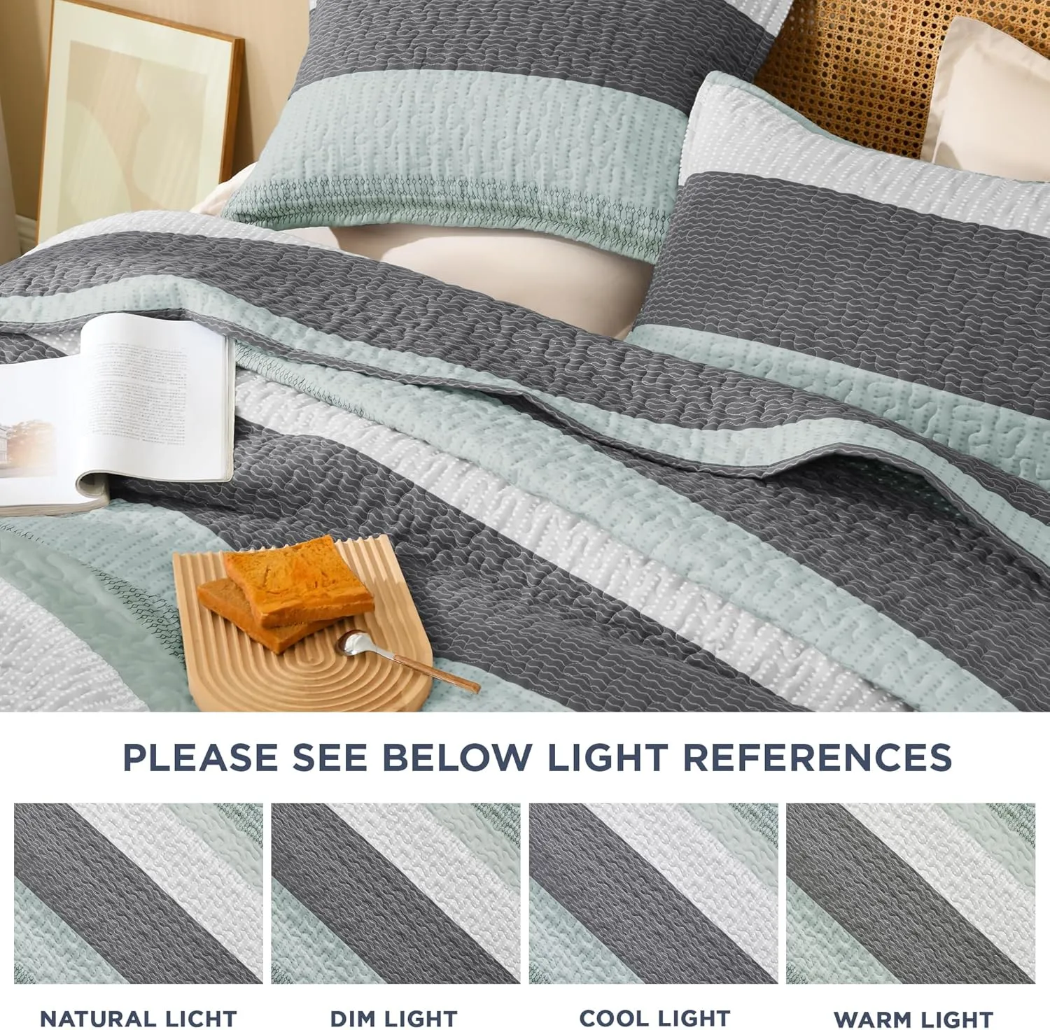 Litanika Quilt Queen Size Sage Green, Stripe Patchwork Summer Bedspread Coverlet 3 Pieces, Soft Lightweight Microfiber Quilted Bedding Set for All Season(1 Quilt, 2 Pillowcases)