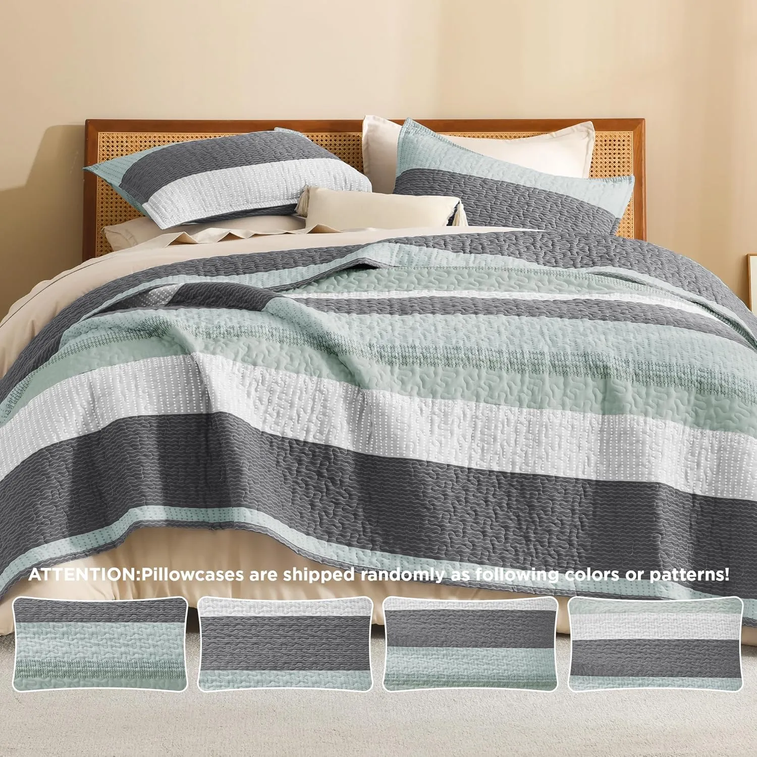 Litanika Quilt Queen Size Sage Green, Stripe Patchwork Summer Bedspread Coverlet 3 Pieces, Soft Lightweight Microfiber Quilted Bedding Set for All Season(1 Quilt, 2 Pillowcases)