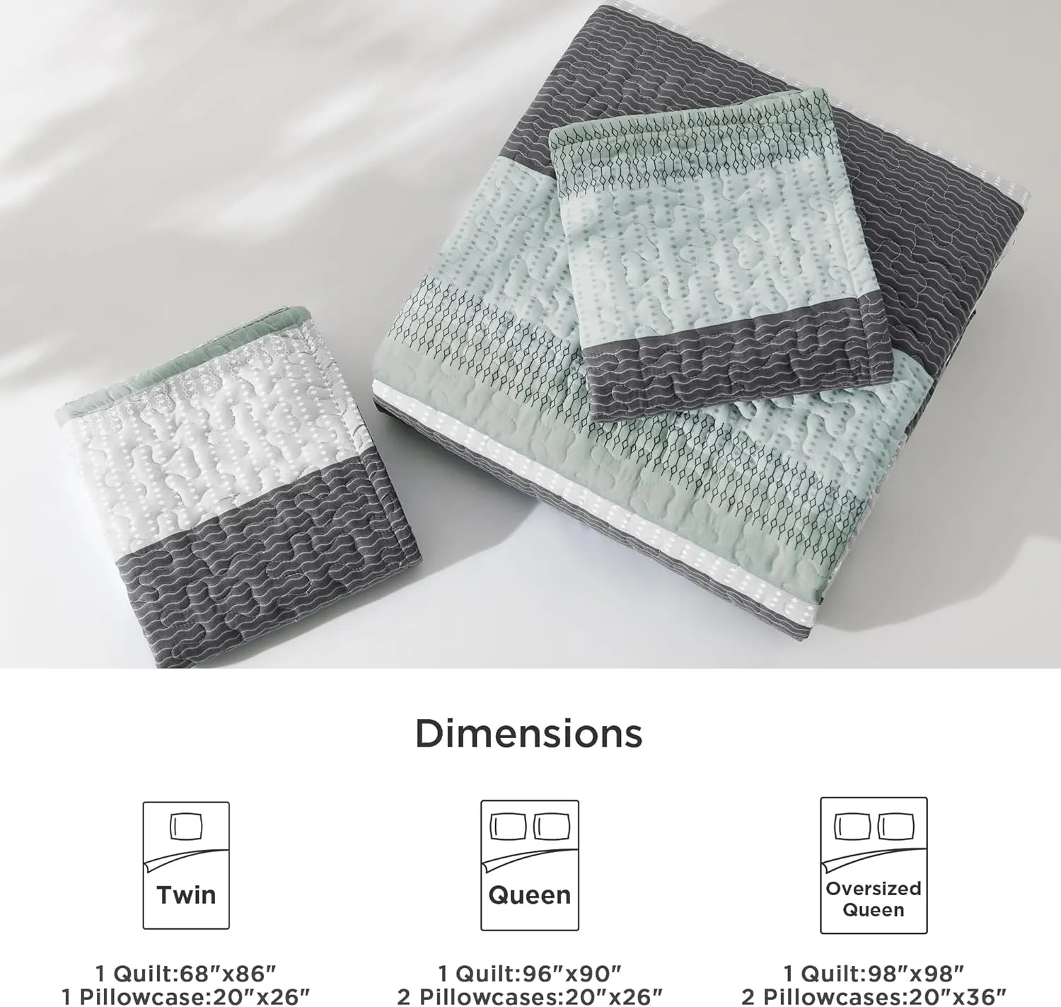 Litanika Quilt Queen Size Sage Green, Stripe Patchwork Summer Bedspread Coverlet 3 Pieces, Soft Lightweight Microfiber Quilted Bedding Set for All Season(1 Quilt, 2 Pillowcases)