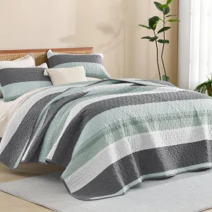 Litanika Quilt Queen Size Sage Green, Stripe Patchwork Summer Bedspread Coverlet 3 Pieces, Soft Lightweight Microfiber Quilted Bedding Set for All Season(1 Quilt, 2 Pillowcases)