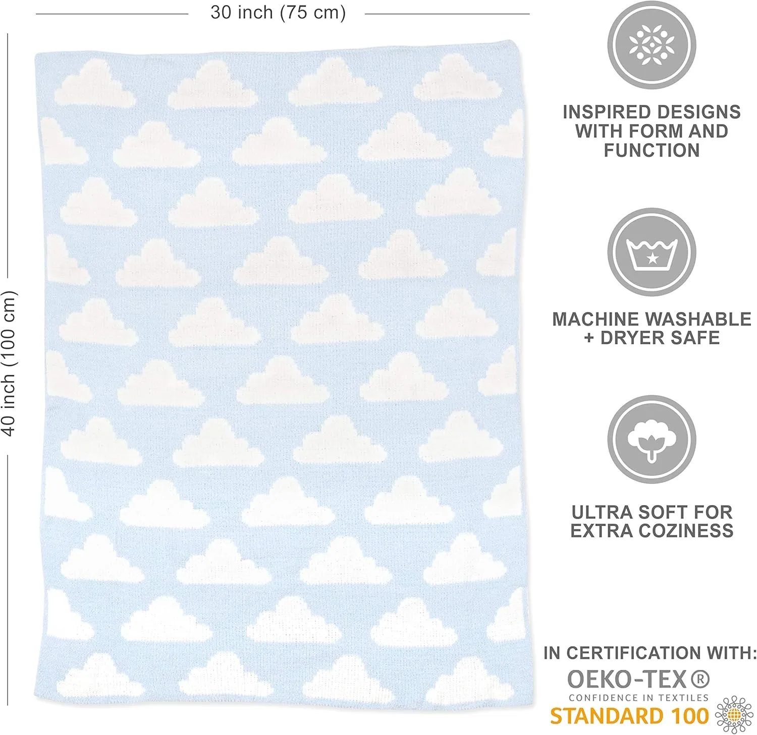 Living Textiles Blue Clouds Chenille Soft Baby Blanket Reversible Premium Cozy Fabric for Best Comfort - for Infant,Toddler,Newborn,Nursery,Boy,Unisex,Throw,Crib,Stroller,Gift, Blue Clouds 40x30