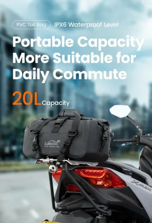 Loboo Vintage Motorcycle Tail Bag, 20L Waterproof Saddlebag, Black PVC Leather Duffel for Travel and Touring