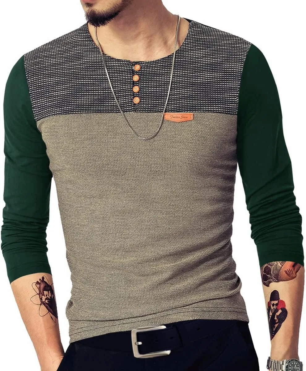 LOGEEYAR Mens Slim Fitted Casual Short Sleeve Button T-Shirts Contrast Color Stitching Tees Tops