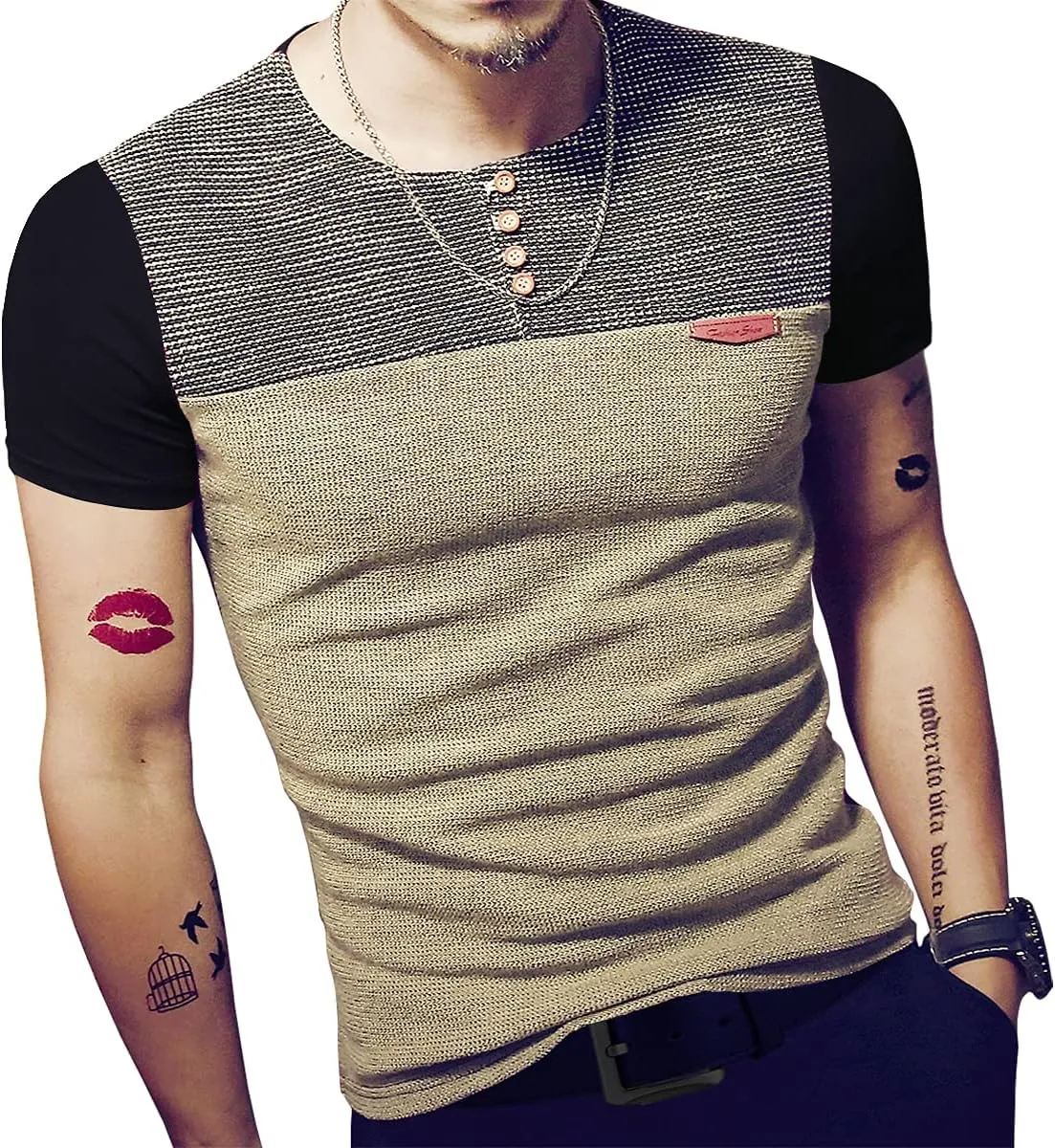 LOGEEYAR Mens Slim Fitted Casual Short Sleeve Button T-Shirts Contrast Color Stitching Tees Tops