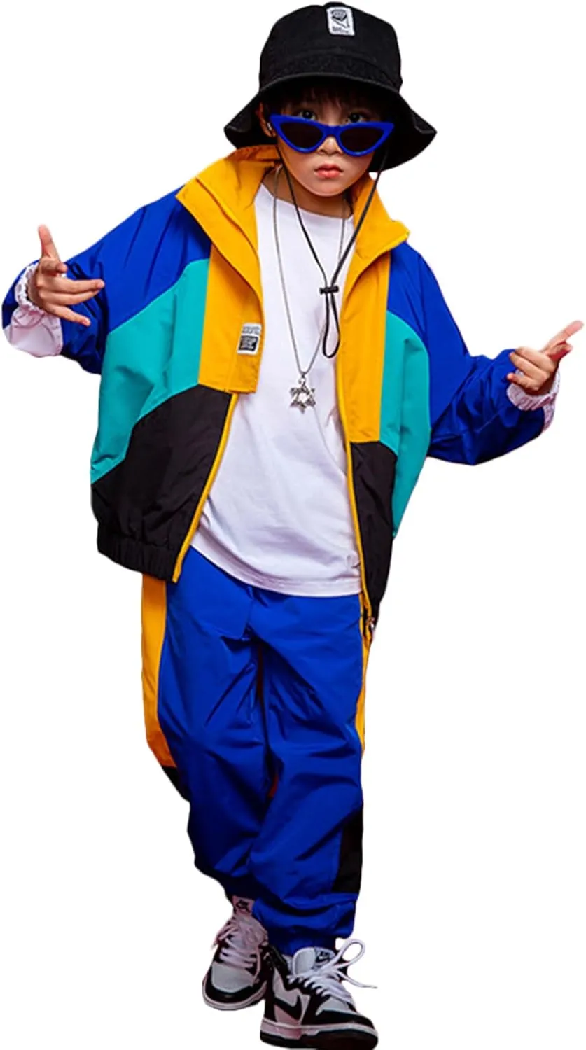 LOLANTA Boys' Girls' Color Block Jacket Track Pants Sets Hip Hop Dance Patchwork Clothes Unisex Streetwear