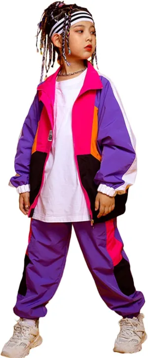 LOLANTA Boys' Girls' Color Block Jacket Track Pants Sets Hip Hop Dance Patchwork Clothes Unisex Streetwear