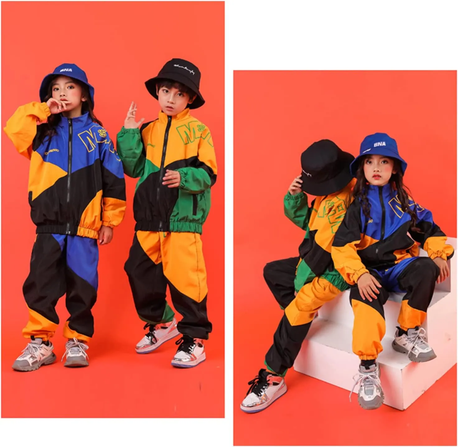 LOLANTA Boys' Girls' Color Block Jacket Track Pants Sets Hip Hop Dance Patchwork Clothes Unisex Streetwear