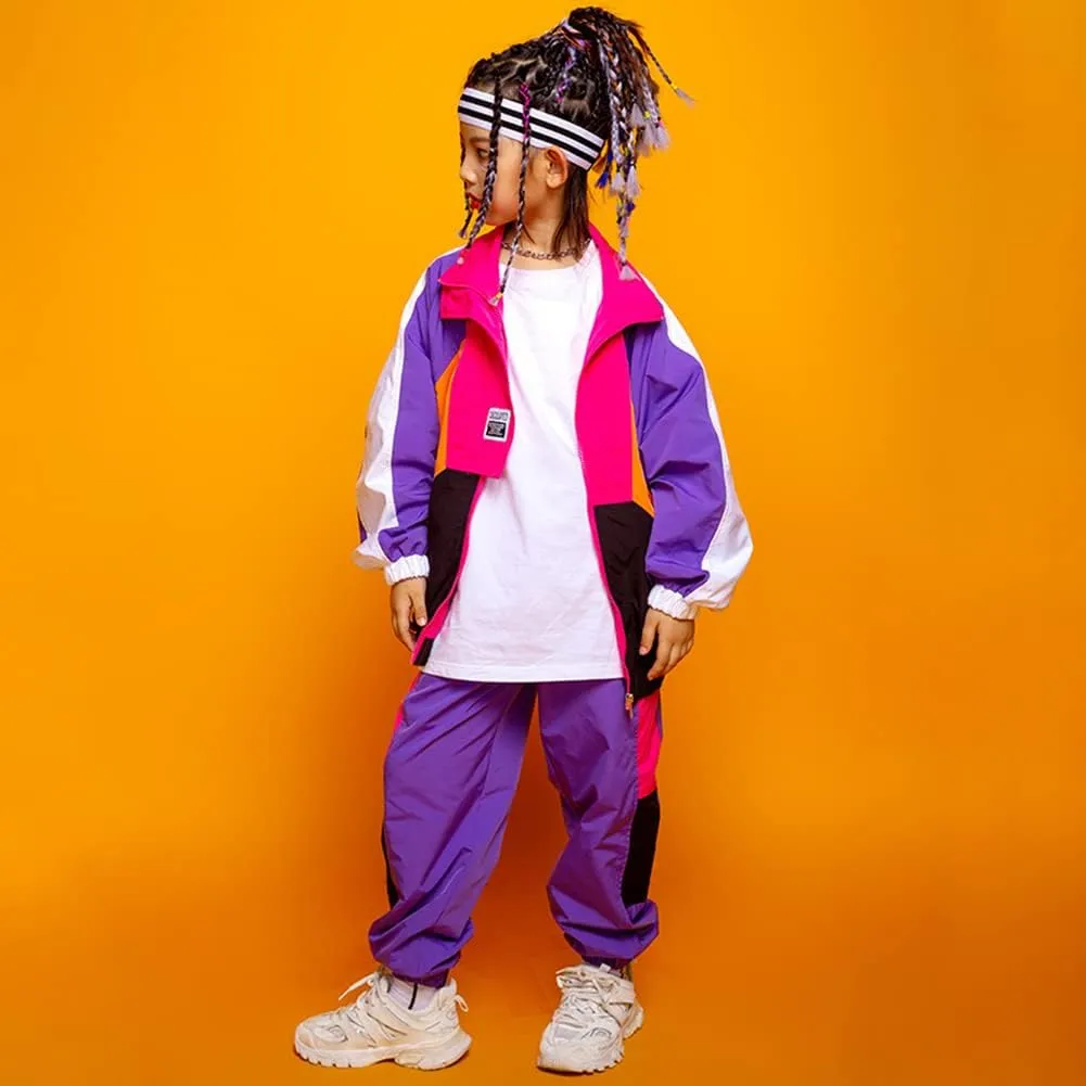 LOLANTA Boys' Girls' Color Block Jacket Track Pants Sets Hip Hop Dance Patchwork Clothes Unisex Streetwear