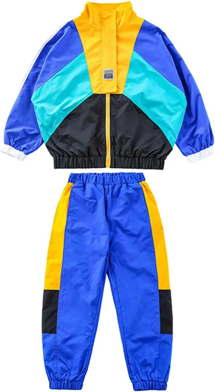 LOLANTA Boys' Girls' Color Block Jacket Track Pants Sets Hip Hop Dance Patchwork Clothes Unisex Streetwear