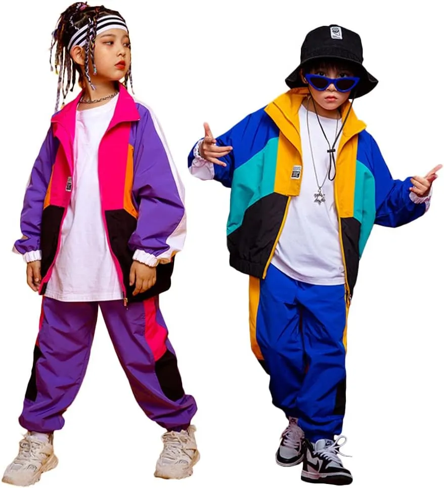 LOLANTA Boys' Girls' Color Block Jacket Track Pants Sets Hip Hop Dance Patchwork Clothes Unisex Streetwear