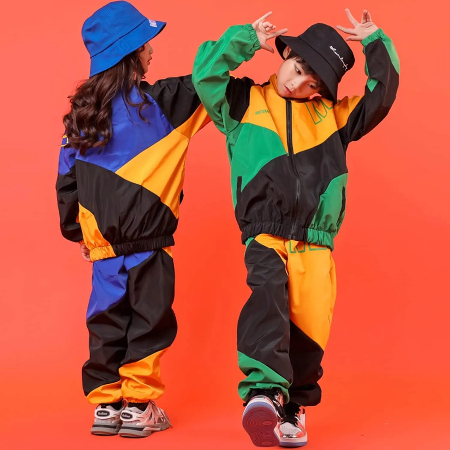 LOLANTA Boys' Girls' Color Block Jacket Track Pants Sets Hip Hop Dance Patchwork Clothes Unisex Streetwear