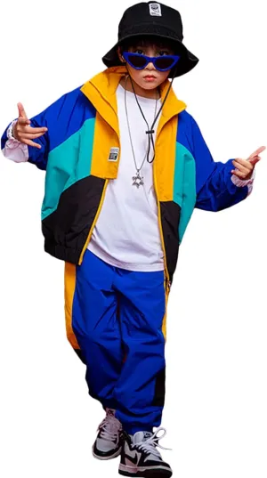 LOLANTA Boys' Girls' Color Block Jacket Track Pants Sets Hip Hop Dance Patchwork Clothes Unisex Streetwear