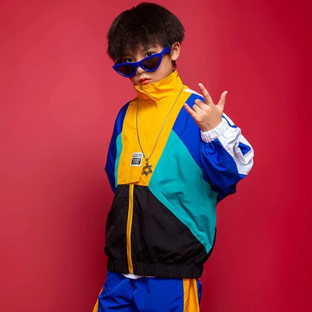 LOLANTA Boys' Girls' Color Block Jacket Track Pants Sets Hip Hop Dance Patchwork Clothes Unisex Streetwear