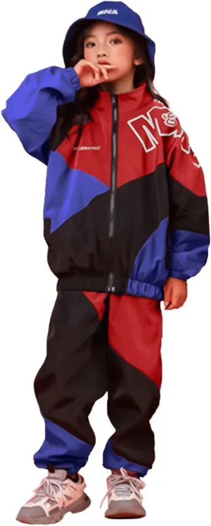 LOLANTA Boys' Girls' Color Block Jacket Track Pants Sets Hip Hop Dance Patchwork Clothes Unisex Streetwear