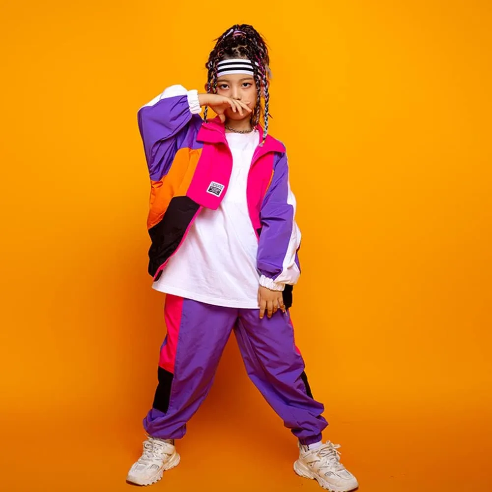 LOLANTA Boys' Girls' Color Block Jacket Track Pants Sets Hip Hop Dance Patchwork Clothes Unisex Streetwear