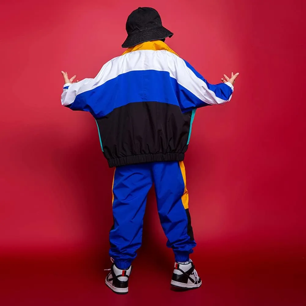 LOLANTA Boys' Girls' Color Block Jacket Track Pants Sets Hip Hop Dance Patchwork Clothes Unisex Streetwear