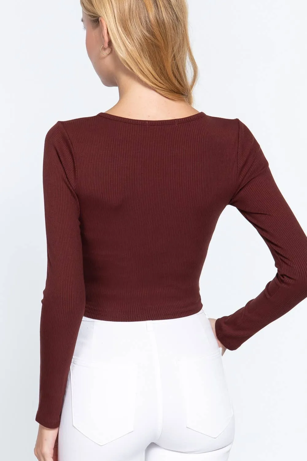 Long Sleeve Front Twisted Heavy Rib Crop Knit Top: Brn-Brick Brown
