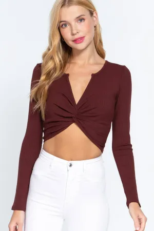 Long Sleeve Front Twisted Heavy Rib Crop Knit Top: Brn-Brick Brown