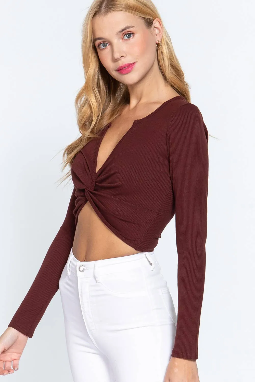 Long Sleeve Front Twisted Heavy Rib Crop Knit Top: Brn-Brick Brown