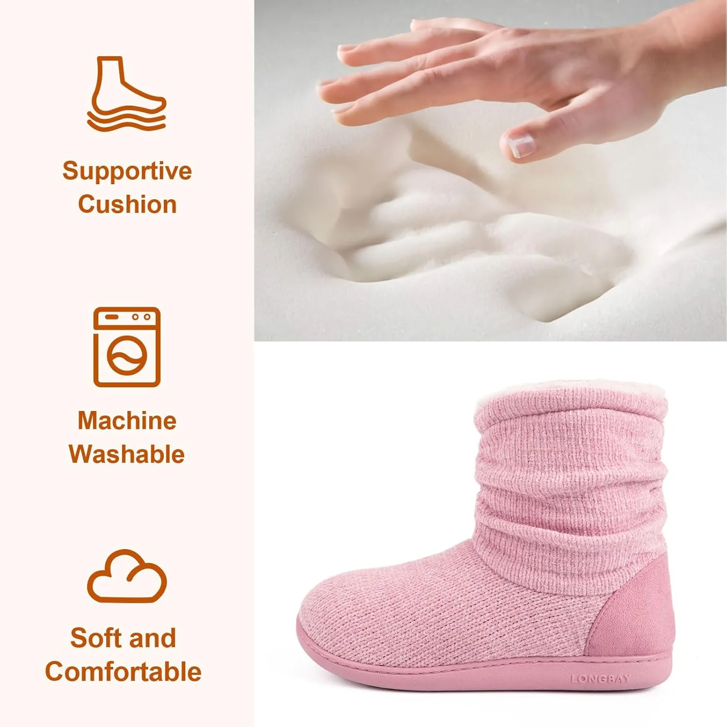 LongBay Women's Chenille Knit Bootie Slippers Cute Warm Plush Fleece Memory Foam House Shoes