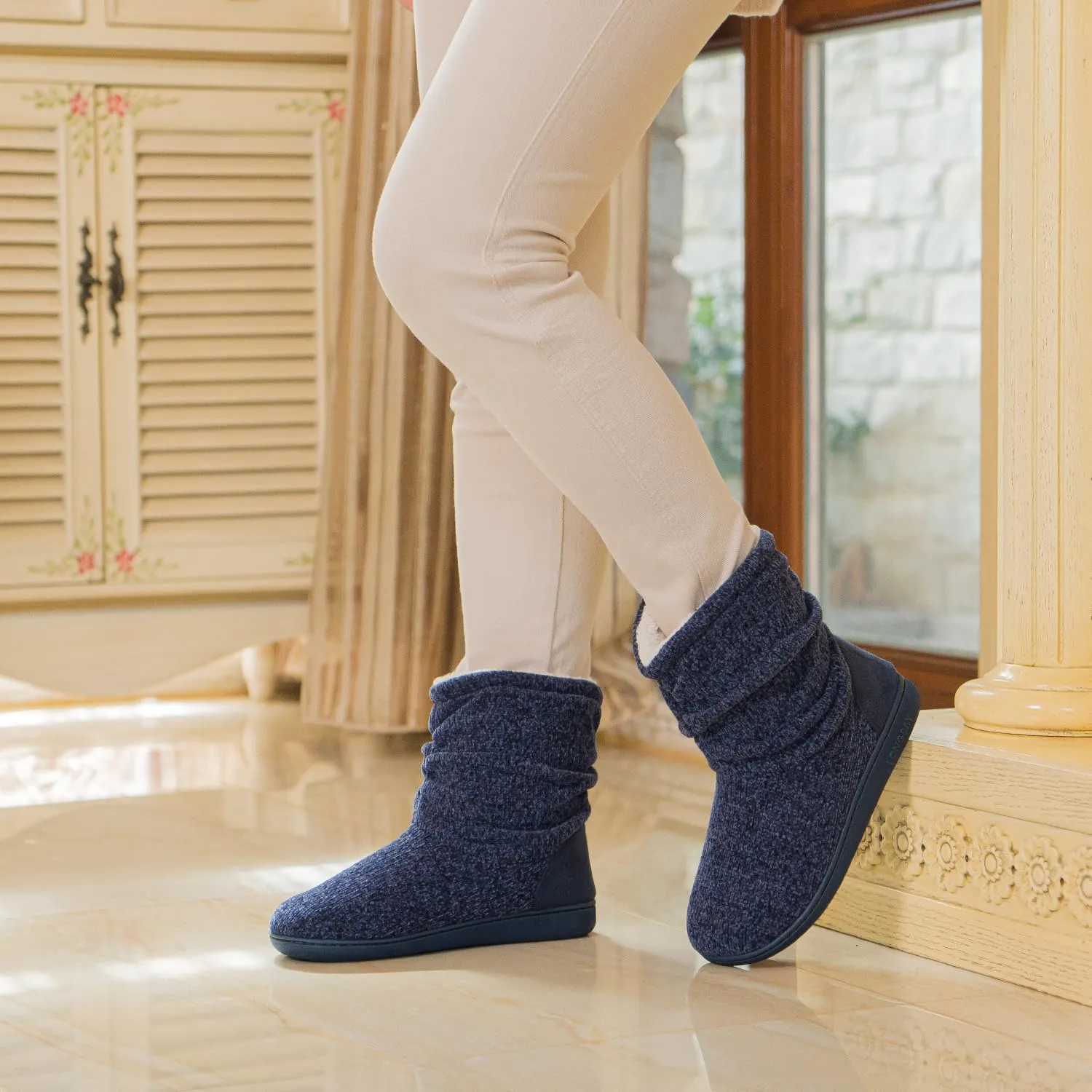 LongBay Women's Chenille Knit Bootie Slippers Cute Warm Plush Fleece Memory Foam House Shoes