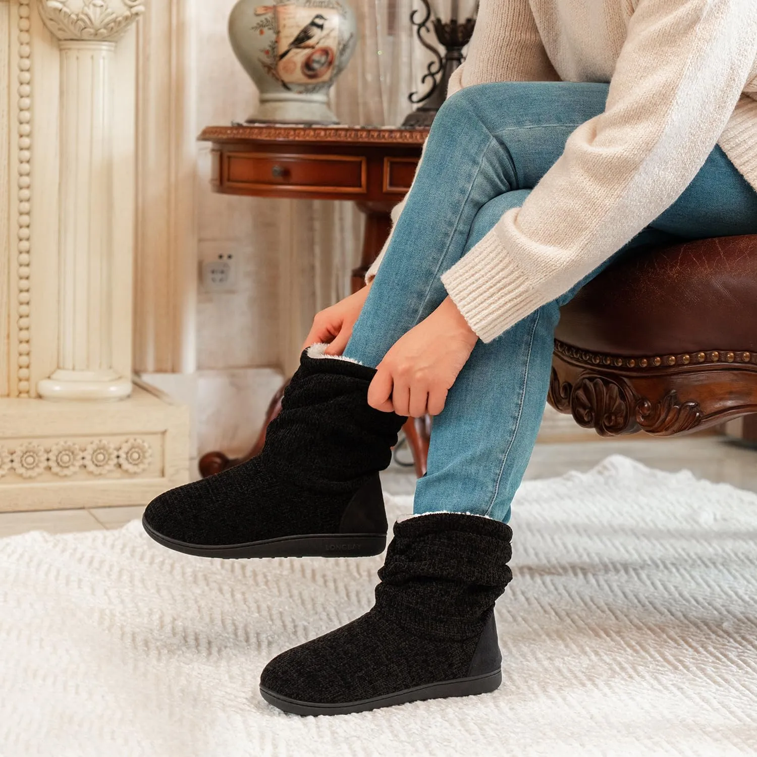 LongBay Women's Chenille Knit Bootie Slippers Cute Warm Plush Fleece Memory Foam House Shoes