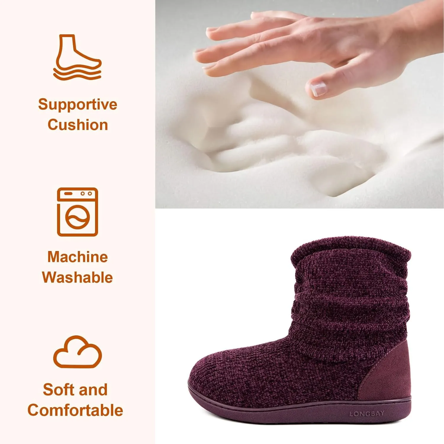 LongBay Women's Chenille Knit Bootie Slippers Cute Warm Plush Fleece Memory Foam House Shoes