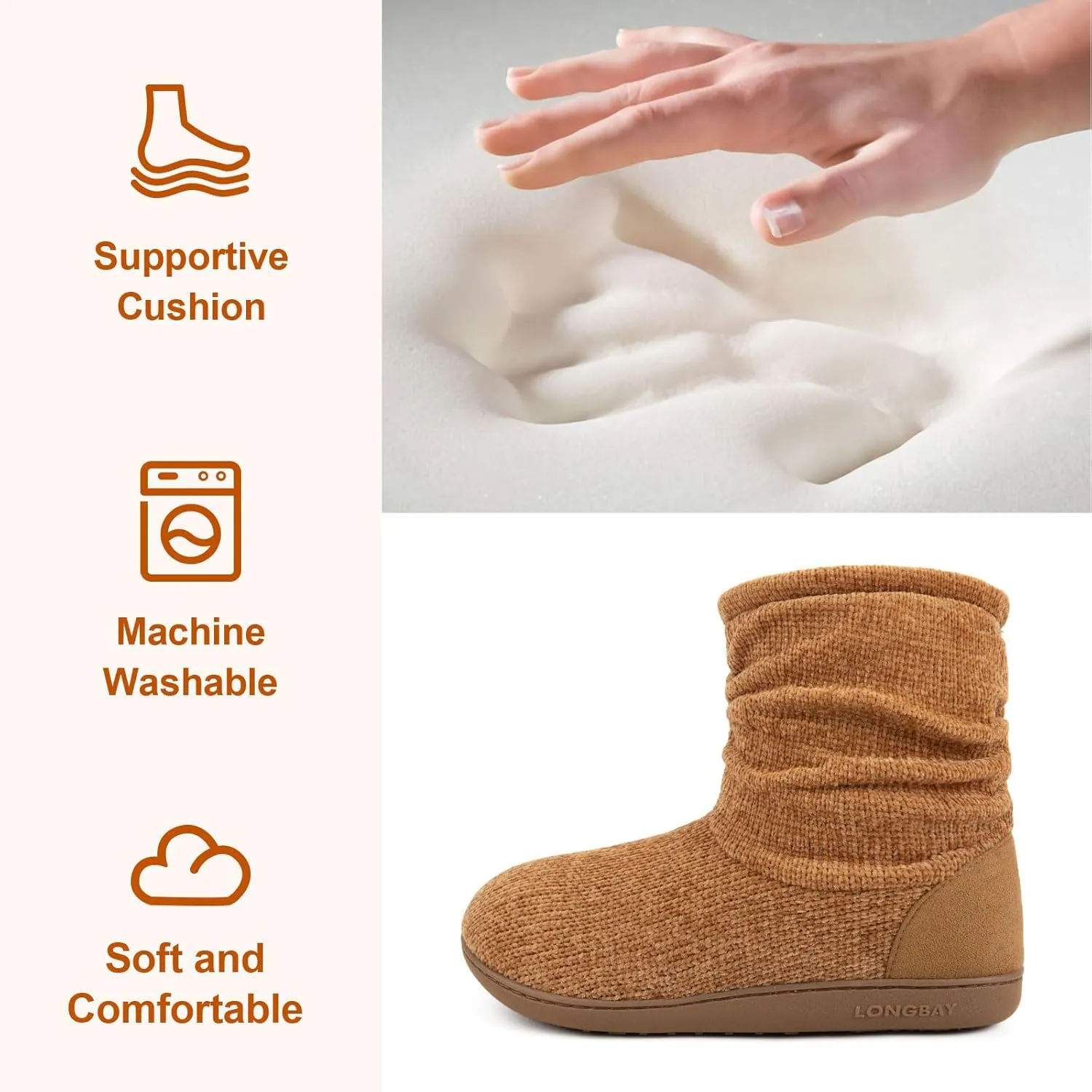 LongBay Women's Chenille Knit Bootie Slippers Cute Warm Plush Fleece Memory Foam House Shoes