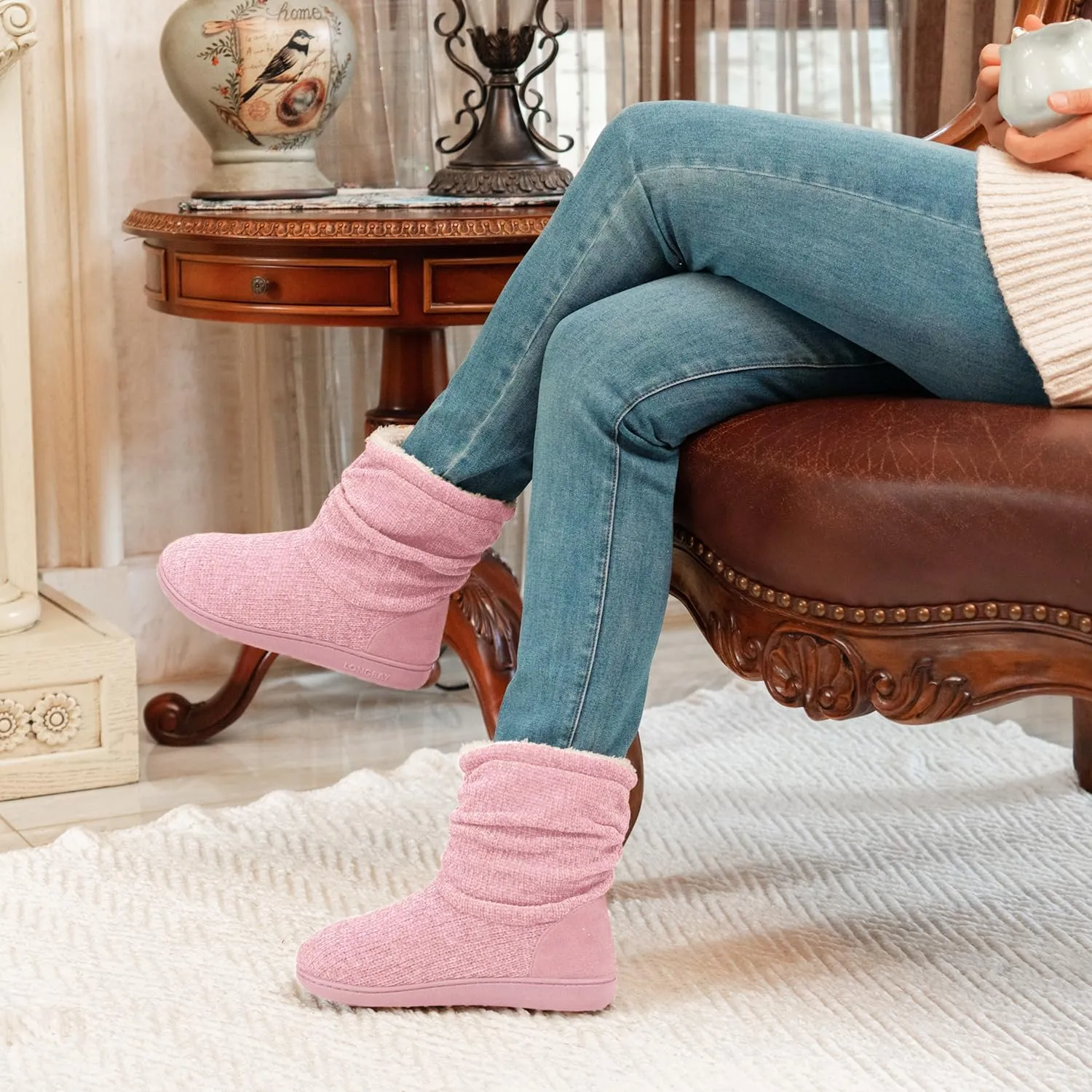 LongBay Women's Chenille Knit Bootie Slippers Cute Warm Plush Fleece Memory Foam House Shoes