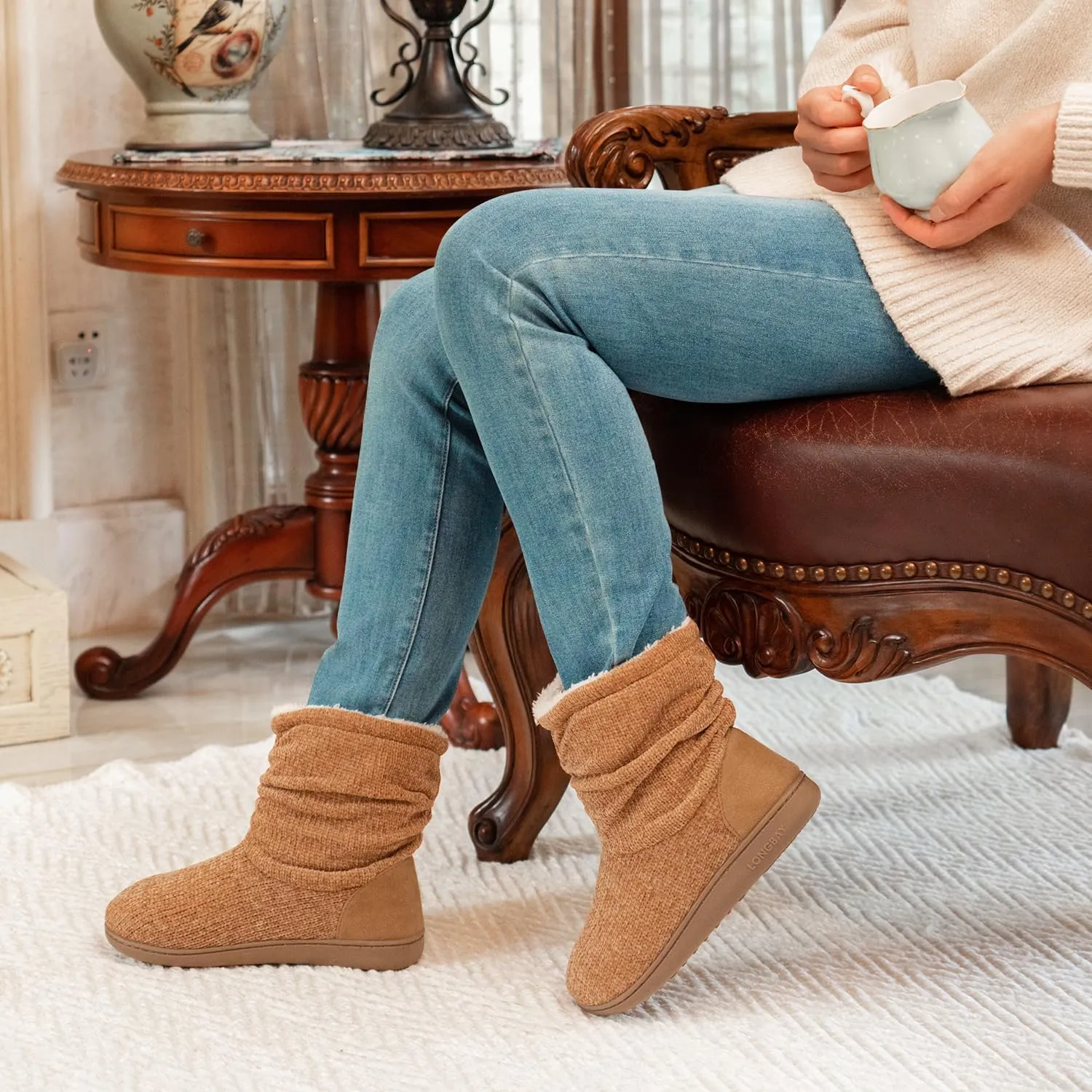 LongBay Women's Chenille Knit Bootie Slippers Cute Warm Plush Fleece Memory Foam House Shoes