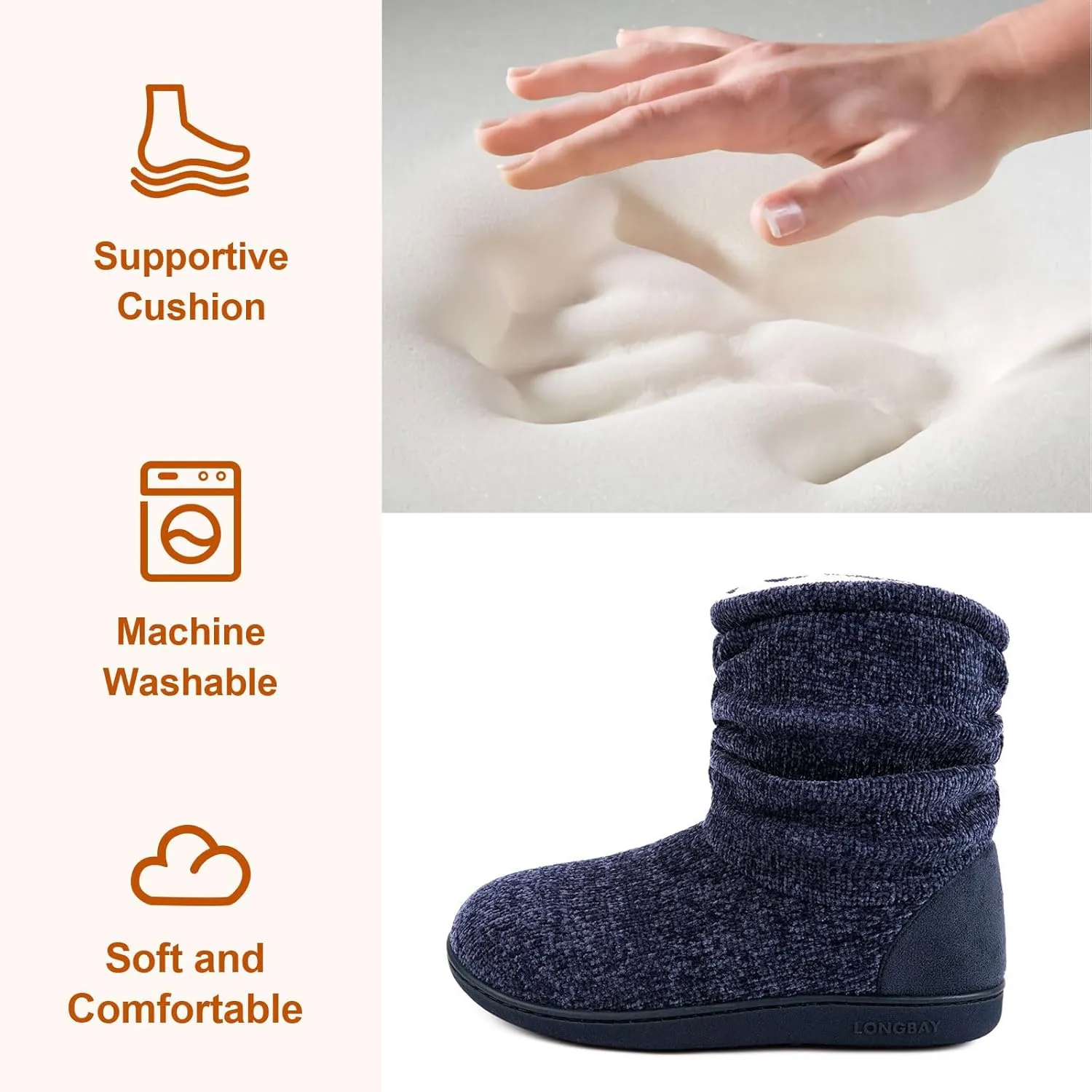LongBay Women's Chenille Knit Bootie Slippers Cute Warm Plush Fleece Memory Foam House Shoes