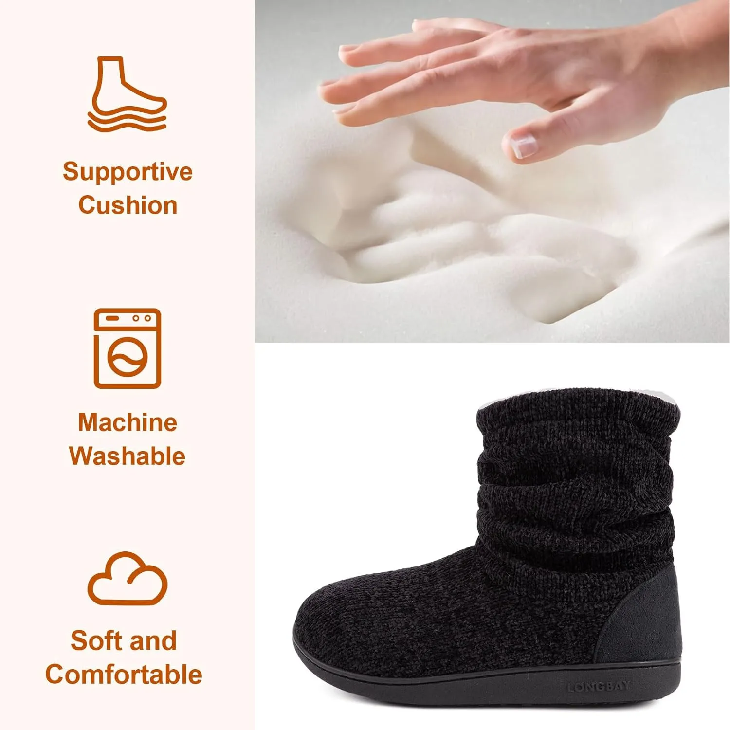 LongBay Women's Chenille Knit Bootie Slippers Cute Warm Plush Fleece Memory Foam House Shoes
