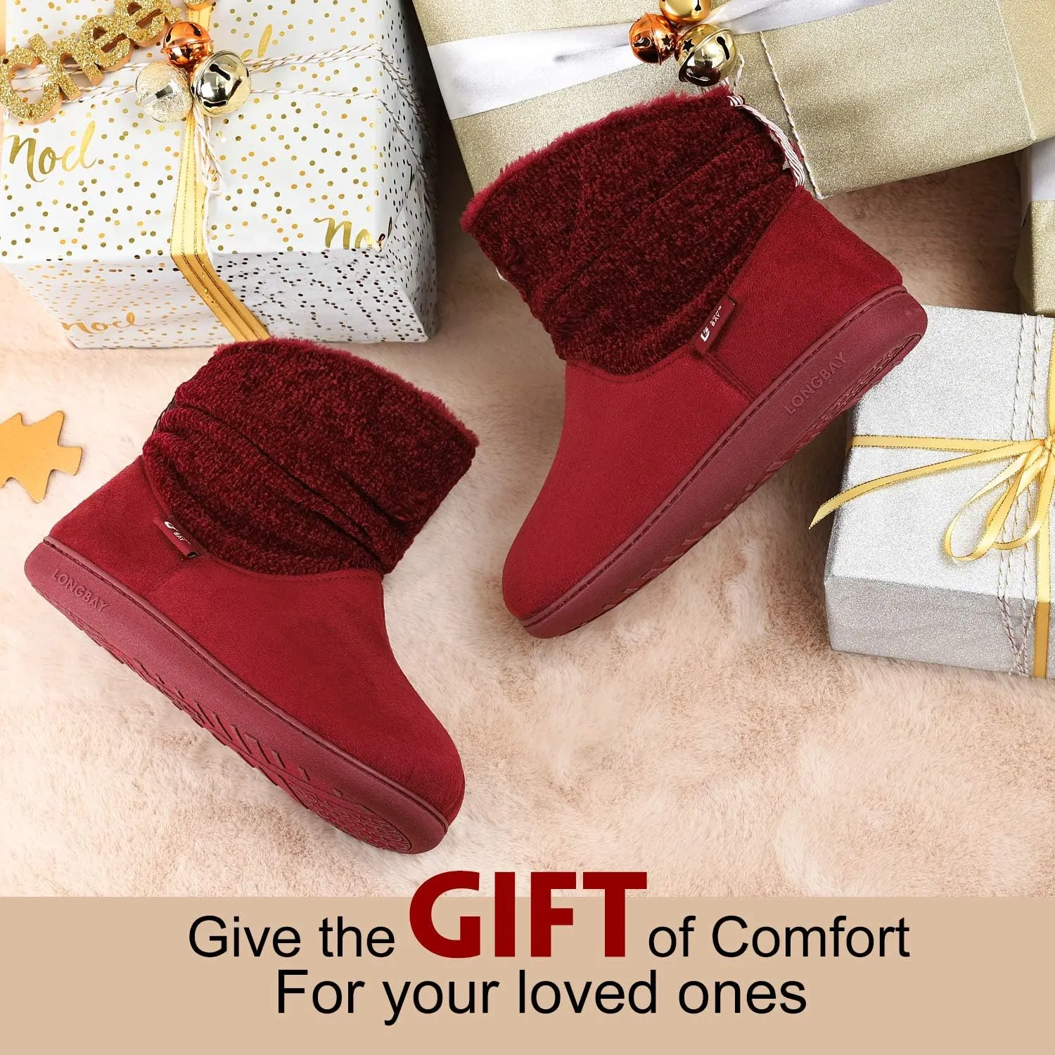 LongBay Women's Warm Chenille Knit Bootie Slippers Memory Foam Comfy Suede Fluffy Faux Fur Memory Foam Boots House Shoes