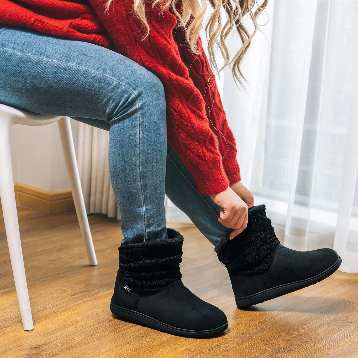 LongBay Women's Warm Chenille Knit Bootie Slippers Memory Foam Comfy Suede Fluffy Faux Fur Memory Foam Boots House Shoes