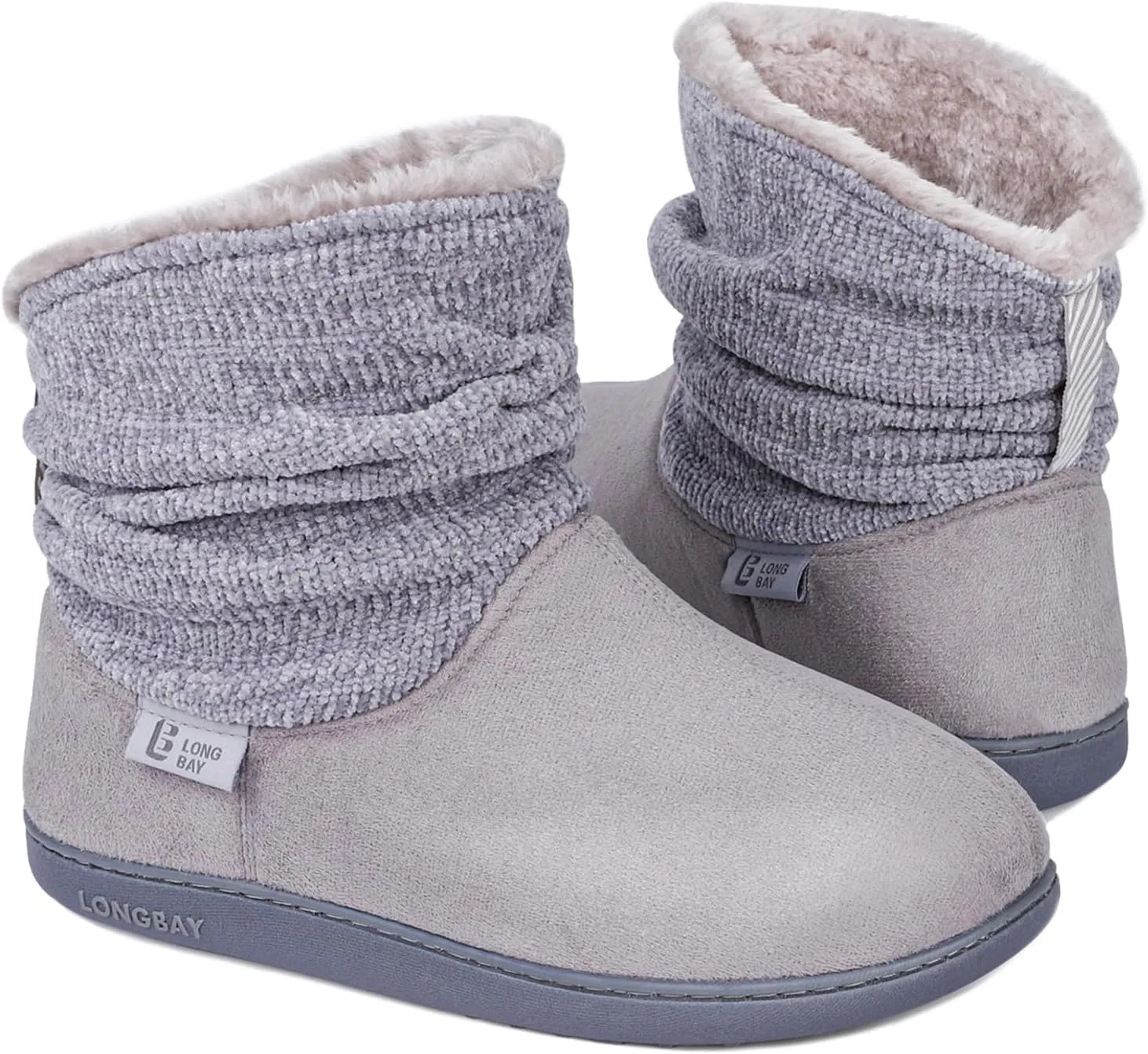 LongBay Women's Warm Chenille Knit Bootie Slippers Memory Foam Comfy Suede Fluffy Faux Fur Memory Foam Boots House Shoes