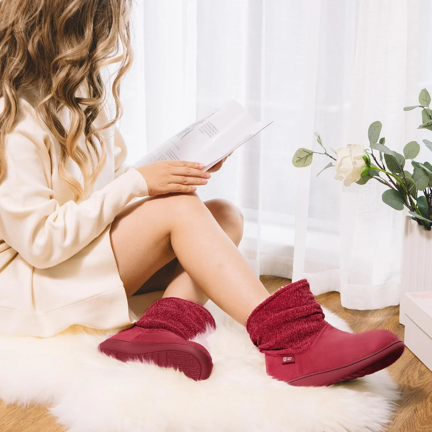 LongBay Women's Warm Chenille Knit Bootie Slippers Memory Foam Comfy Suede Fluffy Faux Fur Memory Foam Boots House Shoes