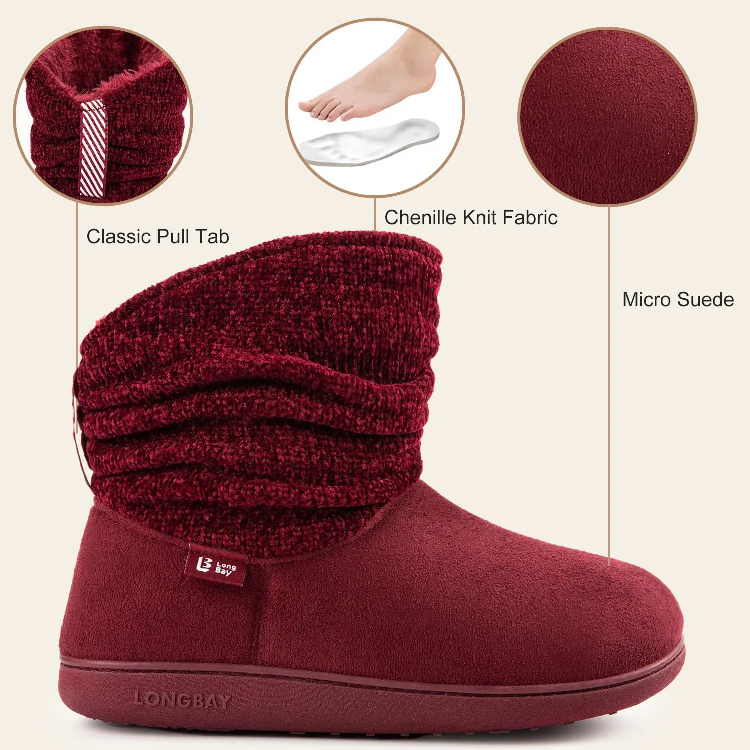 LongBay Women's Warm Chenille Knit Bootie Slippers Memory Foam Comfy Suede Fluffy Faux Fur Memory Foam Boots House Shoes