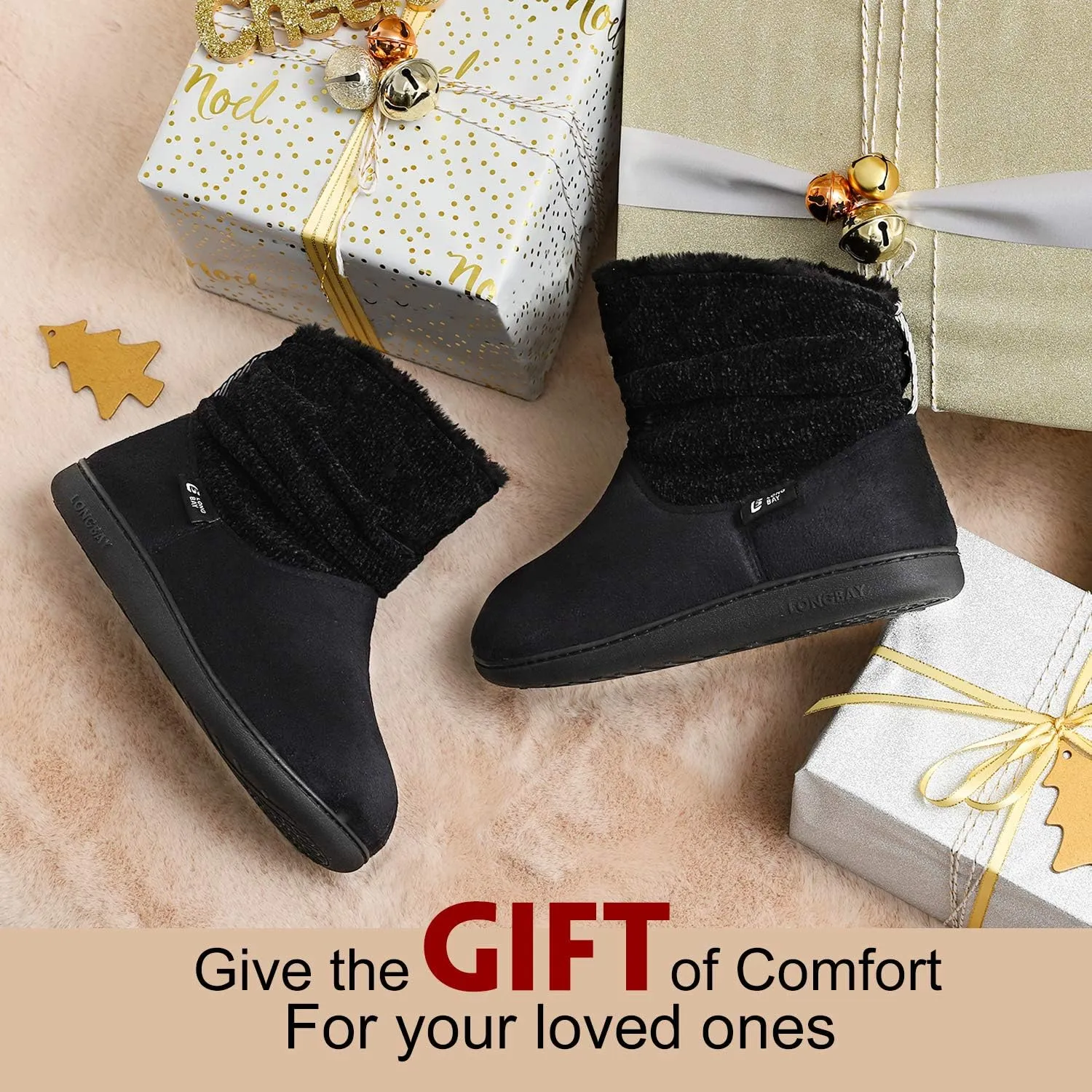 LongBay Women's Warm Chenille Knit Bootie Slippers Memory Foam Comfy Suede Fluffy Faux Fur Memory Foam Boots House Shoes