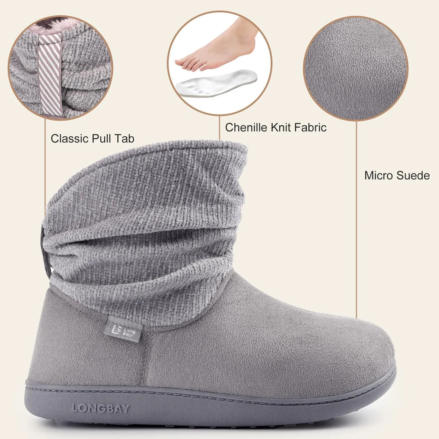 LongBay Women's Warm Chenille Knit Bootie Slippers Memory Foam Comfy Suede Fluffy Faux Fur Memory Foam Boots House Shoes
