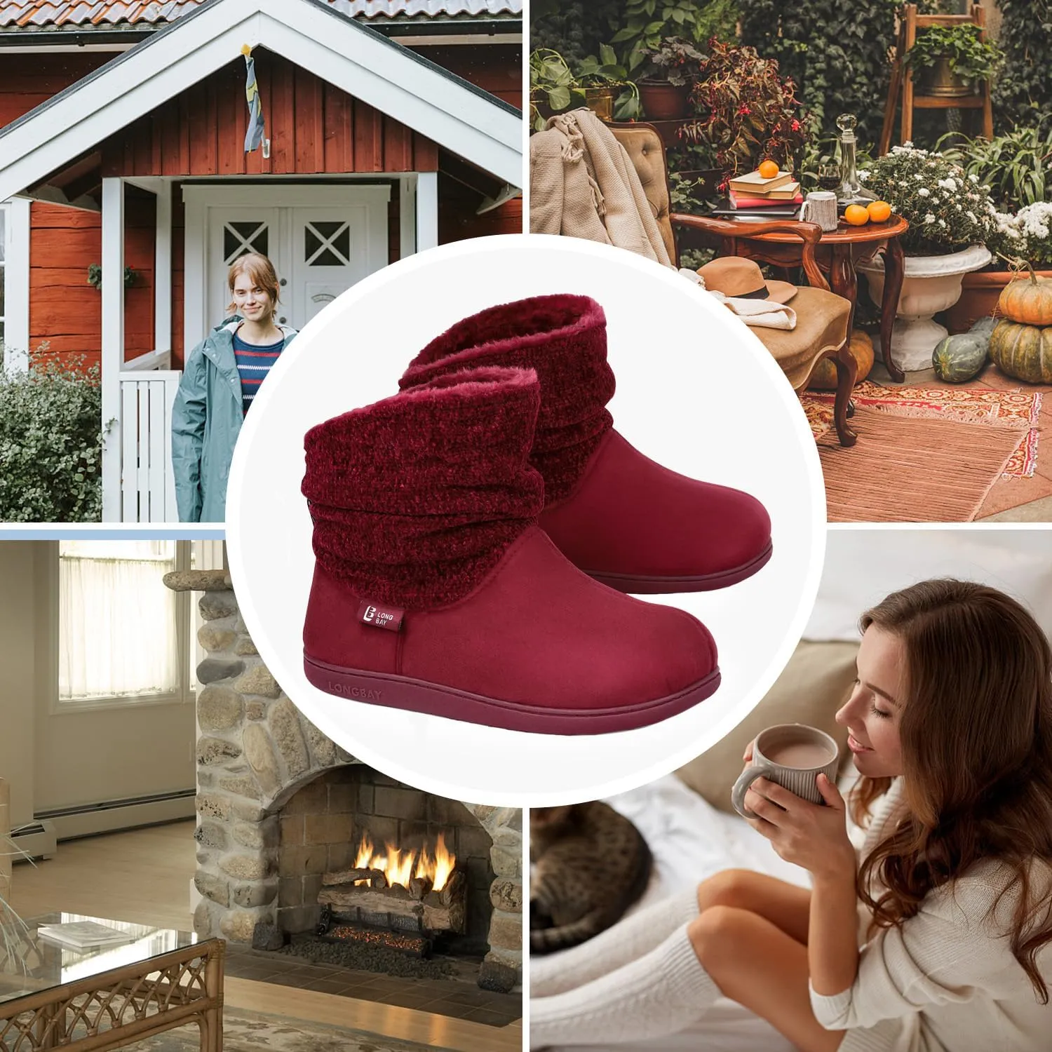 LongBay Women's Warm Chenille Knit Bootie Slippers Memory Foam Comfy Suede Fluffy Faux Fur Memory Foam Boots House Shoes