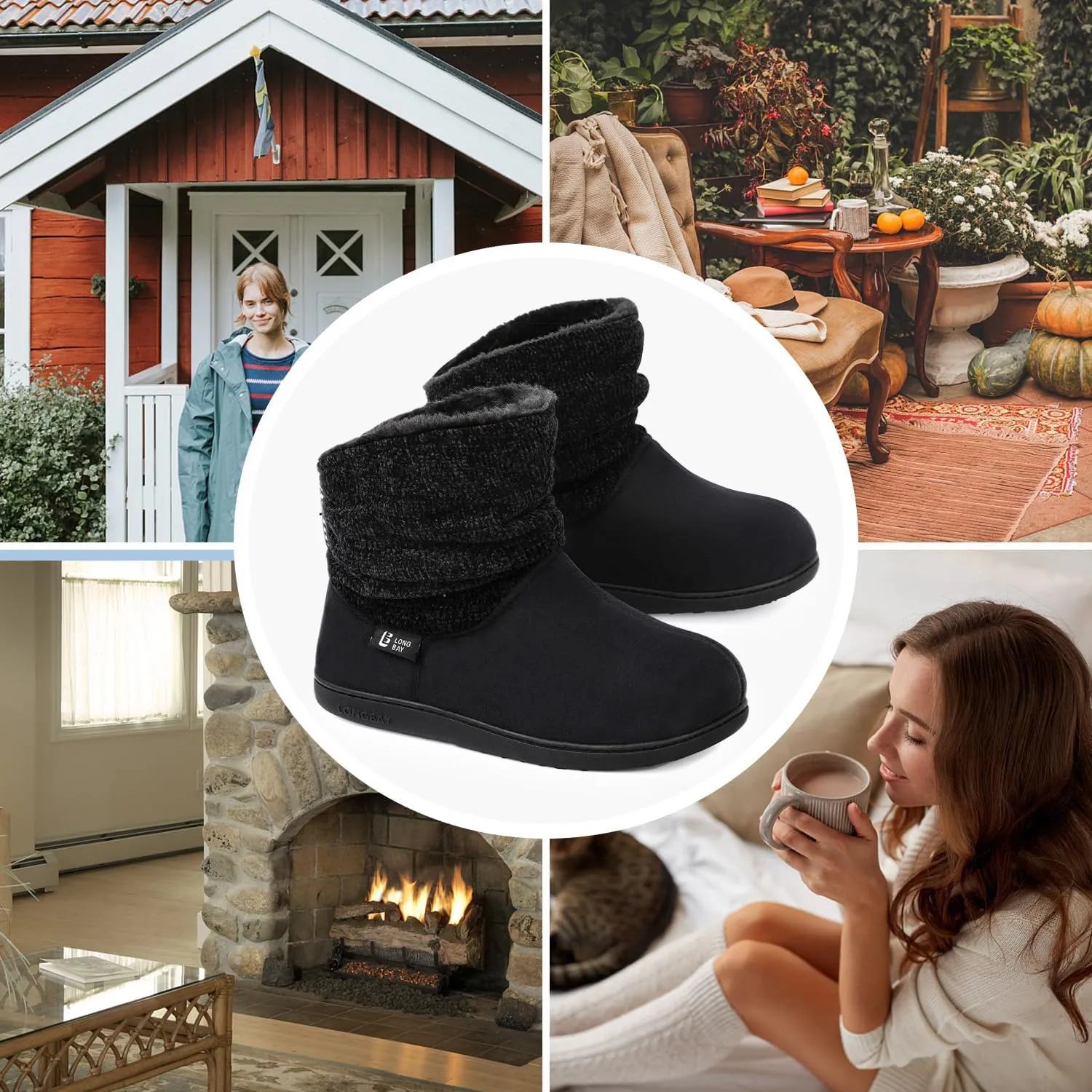 LongBay Women's Warm Chenille Knit Bootie Slippers Memory Foam Comfy Suede Fluffy Faux Fur Memory Foam Boots House Shoes
