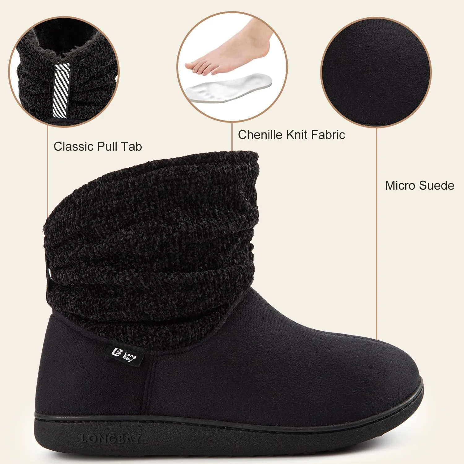 LongBay Women's Warm Chenille Knit Bootie Slippers Memory Foam Comfy Suede Fluffy Faux Fur Memory Foam Boots House Shoes