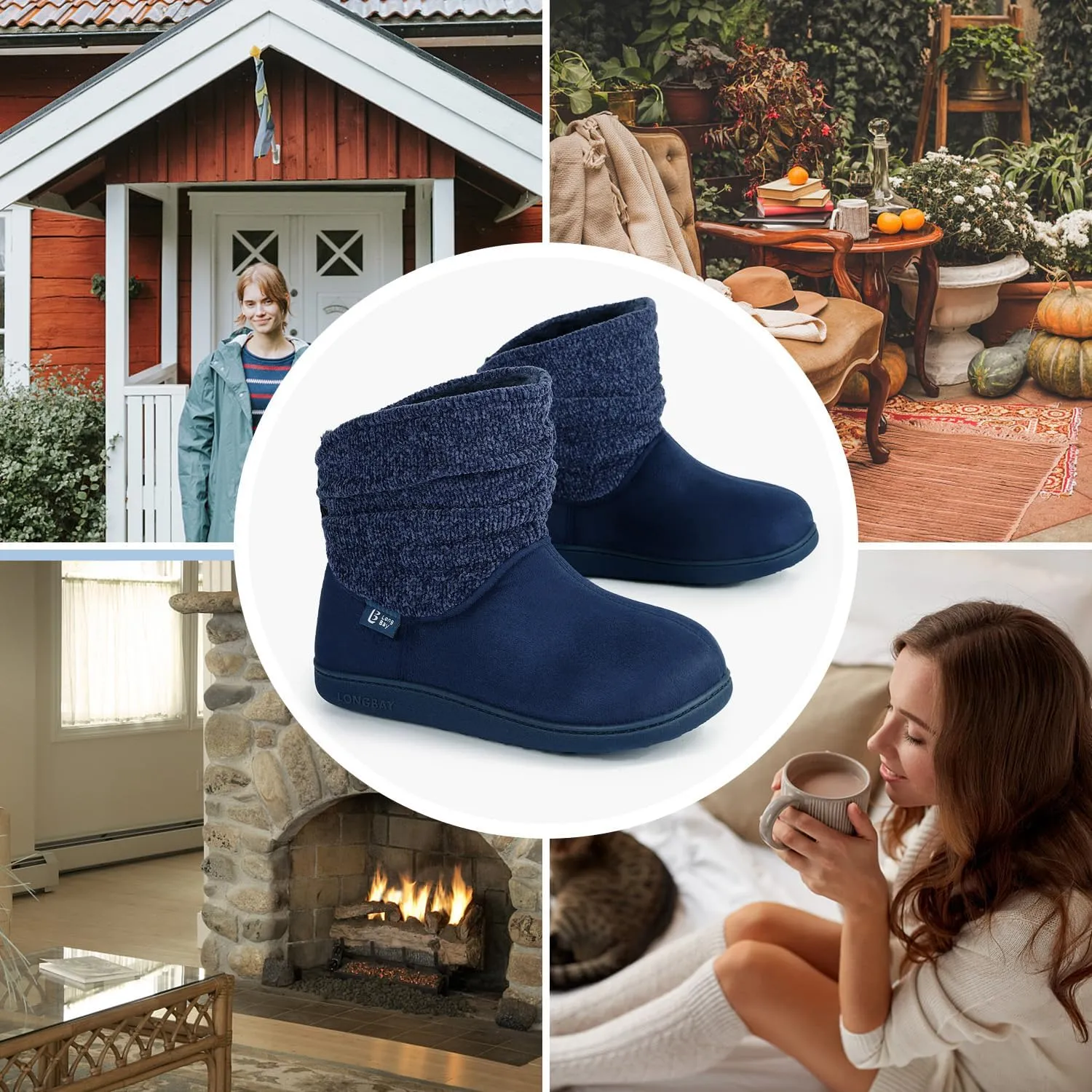 LongBay Women's Warm Chenille Knit Bootie Slippers Memory Foam Comfy Suede Fluffy Faux Fur Memory Foam Boots House Shoes