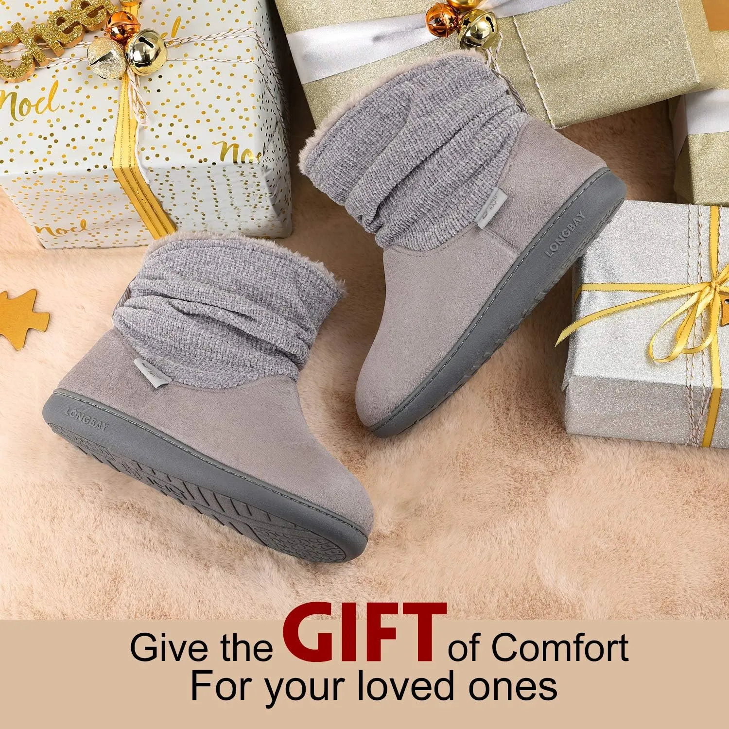 LongBay Women's Warm Chenille Knit Bootie Slippers Memory Foam Comfy Suede Fluffy Faux Fur Memory Foam Boots House Shoes